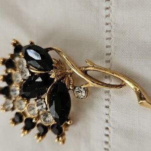 Vintage Jet-Black/Crystal Rhinestone Flower Brooch